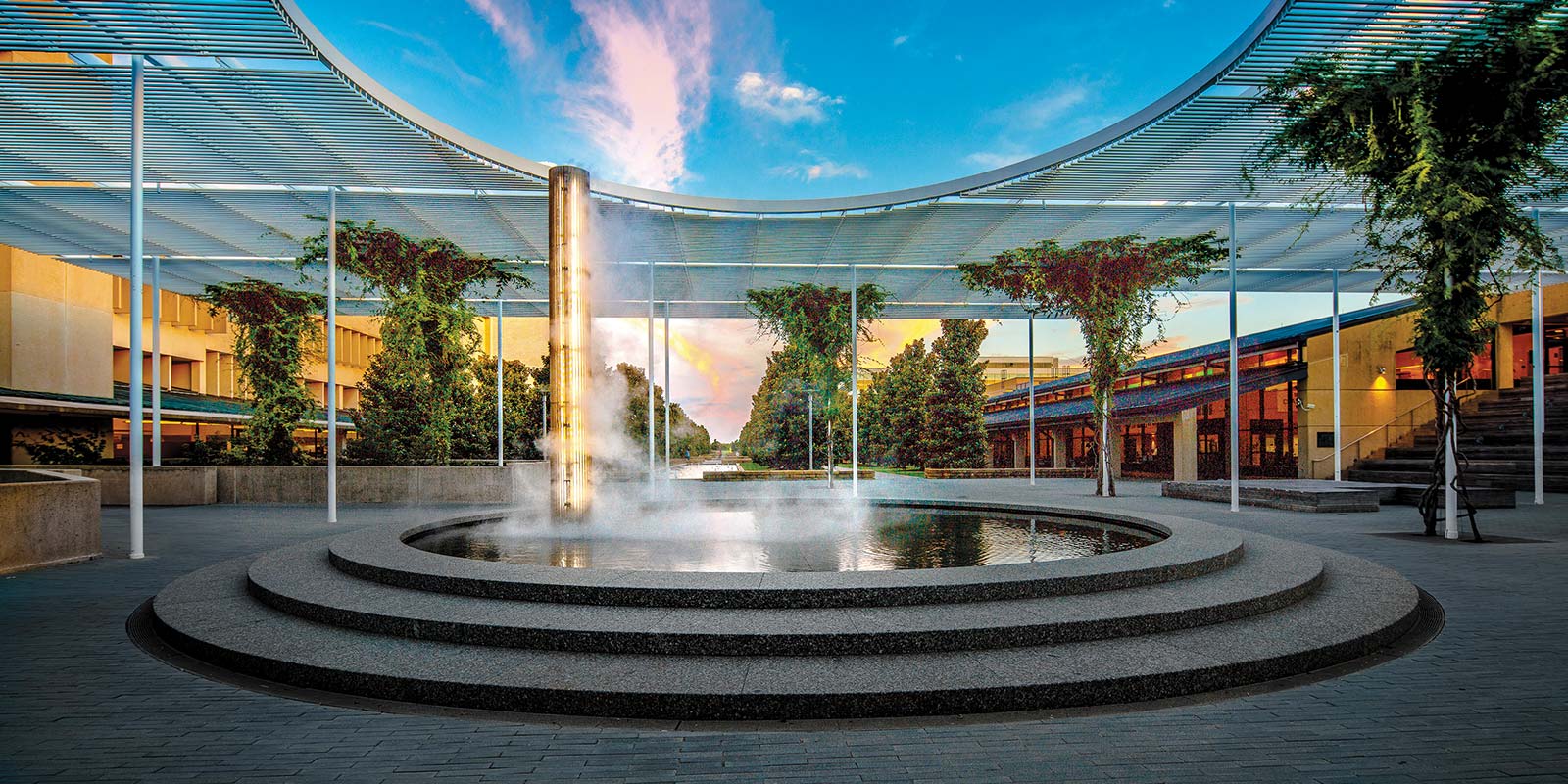 campus trellis and mist fountain